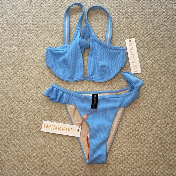 MINKPINK Cheeky Bikini Swim Suit, Size XS Blue Ruffle Bottom ~Retail $135 NWT - Picture 3 of 8